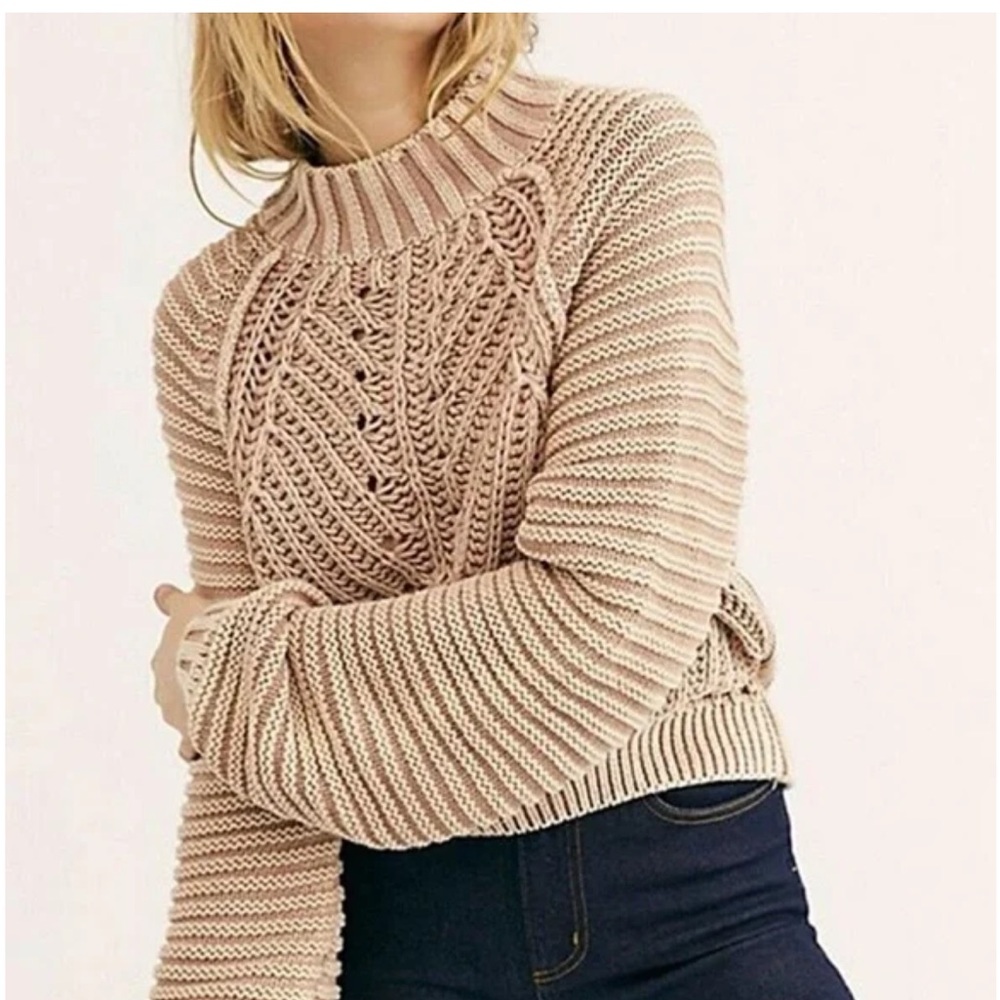 Free People Cream Cable Knit‎ Sweetheart Sweater in Sand Castle Size XS